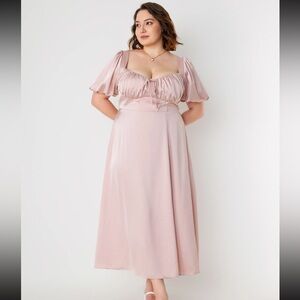 Midi Pink Satin Puff Sleeve Cider Dress